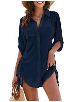 Womens Bathing Suit Cover Ups Bikini Swimsuit Coverup Drawstring Button Down Beach Dress Shirt