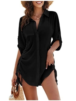 Womens Bathing Suit Cover Ups Bikini Swimsuit Coverup Drawstring Button Down Beach Dress Shirt