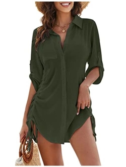 Womens Bathing Suit Cover Ups Bikini Swimsuit Coverup Drawstring Button Down Beach Dress Shirt