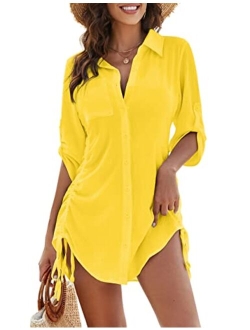 Womens Bathing Suit Cover Ups Bikini Swimsuit Coverup Drawstring Button Down Beach Dress Shirt