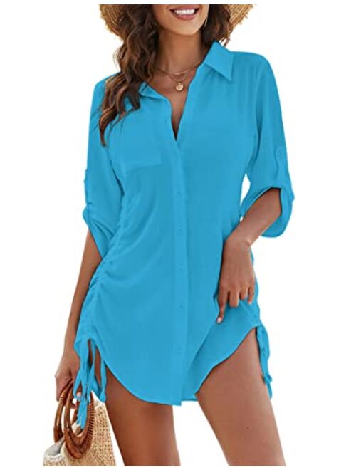 Blooming Jelly Womens Bathing Suit Cover Ups Bikini Swimsuit Coverup Drawstring Button Down Beach Dress Shirt