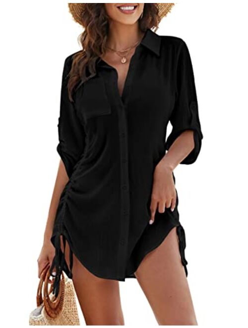 Blooming Jelly Womens Bathing Suit Cover Ups Bikini Swimsuit Coverup Drawstring Button Down Beach Dress Shirt