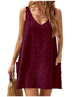 Womens Casual Sun Summer Dresses Swiss Polka Dot Beach Cover Up V Neck Tank Dress with Pockets