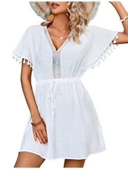 Womens Casual Sun Summer Dresses Swiss Polka Dot Beach Cover Up V Neck Tank Dress with Pockets