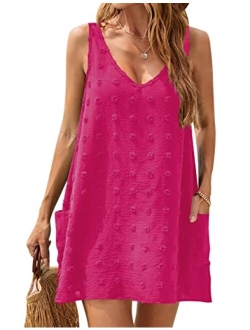 Womens Casual Sun Summer Dresses Swiss Polka Dot Beach Cover Up V Neck Tank Dress with Pockets