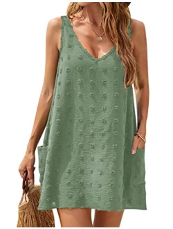 Womens Casual Sun Summer Dresses Swiss Polka Dot Beach Cover Up V Neck Tank Dress with Pockets