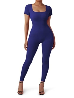 Women Ribbed One Piece Jumpsuits Yoga Short Sleeve Workout Jumpsuits