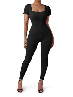 Women Ribbed One Piece Jumpsuits Yoga Short Sleeve Workout Jumpsuits