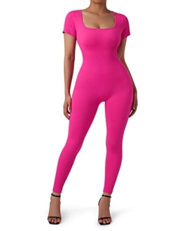 Women Ribbed One Piece Jumpsuits Yoga Short Sleeve Workout Jumpsuits