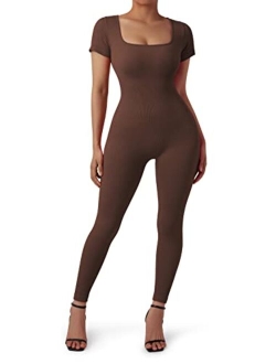 Women Ribbed One Piece Jumpsuits Yoga Short Sleeve Workout Jumpsuits