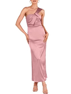 Women's Satin One Shoulder Wedding Guest Bodycon Dress Cocktail Evening Party Maxi Dresses