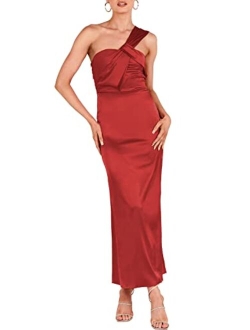 Women's Satin One Shoulder Wedding Guest Bodycon Dress Cocktail Evening Party Maxi Dresses