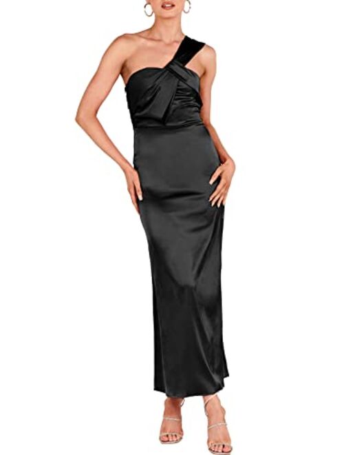 ANRABESS Women's Satin One Shoulder Wedding Guest Bodycon Dress Cocktail Evening Party Maxi Dresses