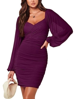 Women's Sexy V Neck Ruched Bodycon Mini Dress Puff Long Sleeve Cocktail Wedding Party Short Dresses