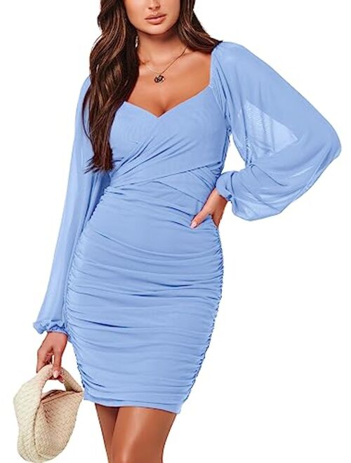 ANRABESS Women's Sexy V Neck Ruched Bodycon Mini Dress Puff Long Sleeve Cocktail Wedding Party Short Dresses