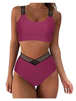 Women Crisscross Slimming High Waist Bikini Sexy Mesh 2 Piece Swimsuits