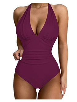 Women Sexy Halter 1 Piece Swimsuit Slimming Tummy Control Bathing Suits