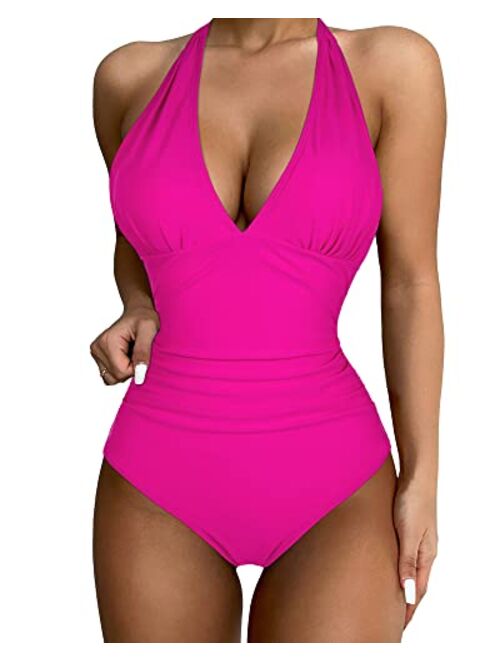 SUUKSESS Women Sexy Halter 1 Piece Swimsuit Slimming Tummy Control Bathing Suits