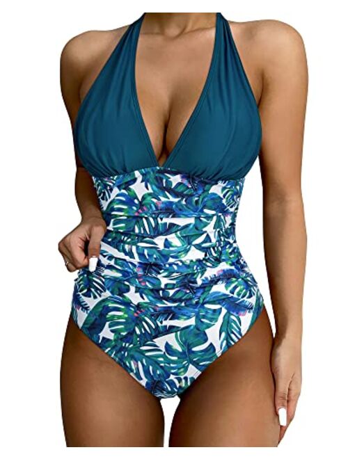 SUUKSESS Women Sexy Halter 1 Piece Swimsuit Slimming Tummy Control Bathing Suits