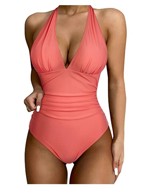 SUUKSESS Women Sexy Halter 1 Piece Swimsuit Slimming Tummy Control Bathing Suits