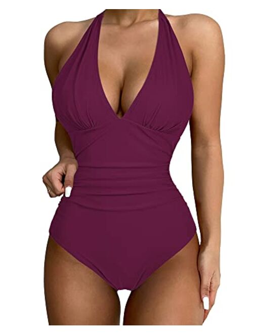 SUUKSESS Women Sexy Halter 1 Piece Swimsuit Slimming Tummy Control Bathing Suits