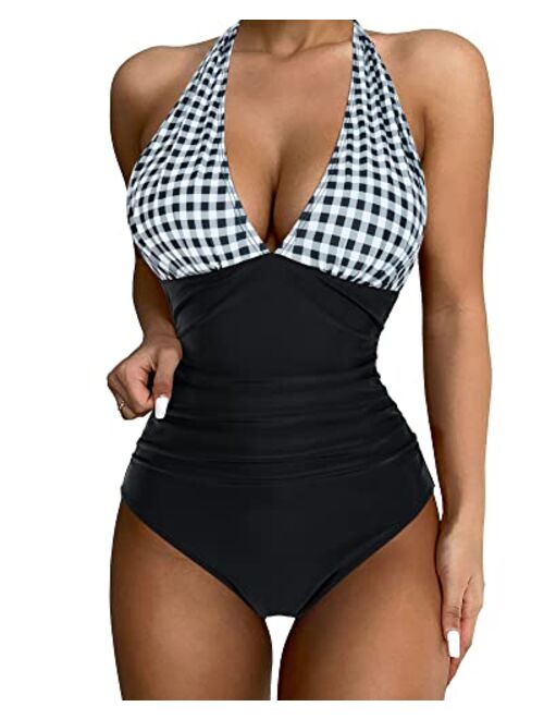 SUUKSESS Women Sexy Halter 1 Piece Swimsuit Slimming Tummy Control Bathing Suits