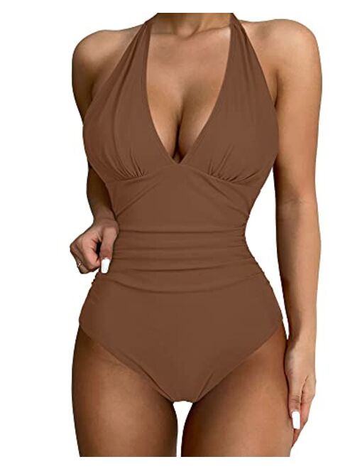 SUUKSESS Women Sexy Halter 1 Piece Swimsuit Slimming Tummy Control Bathing Suits