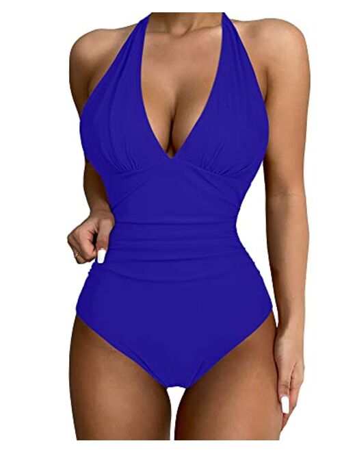 SUUKSESS Women Sexy Halter 1 Piece Swimsuit Slimming Tummy Control Bathing Suits