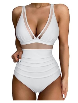 Women Sexy Mesh Tummy Control Swimsuit Push Up High Waisted Bathing Suit