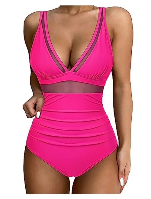 SUUKSESS Women Sexy Mesh Tummy Control Swimsuit Push Up High Waisted Bathing Suit