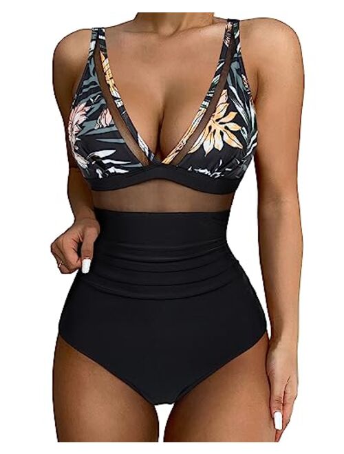 SUUKSESS Women Sexy Mesh Tummy Control Swimsuit Push Up High Waisted Bathing Suit