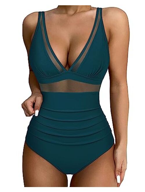 SUUKSESS Women Sexy Mesh Tummy Control Swimsuit Push Up High Waisted Bathing Suit