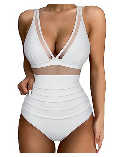 SUUKSESS Women Sexy Mesh Tummy Control Swimsuit Push Up High Waisted Bathing Suit