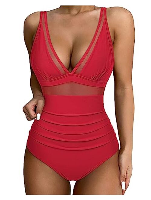 SUUKSESS Women Sexy Mesh Tummy Control Swimsuit Push Up High Waisted Bathing Suit