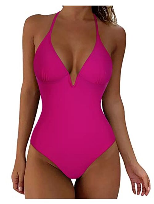 SUUKSESS Women Sexy Push Up One Piece Swimsuit V Wire Lace Up Bathing Suit