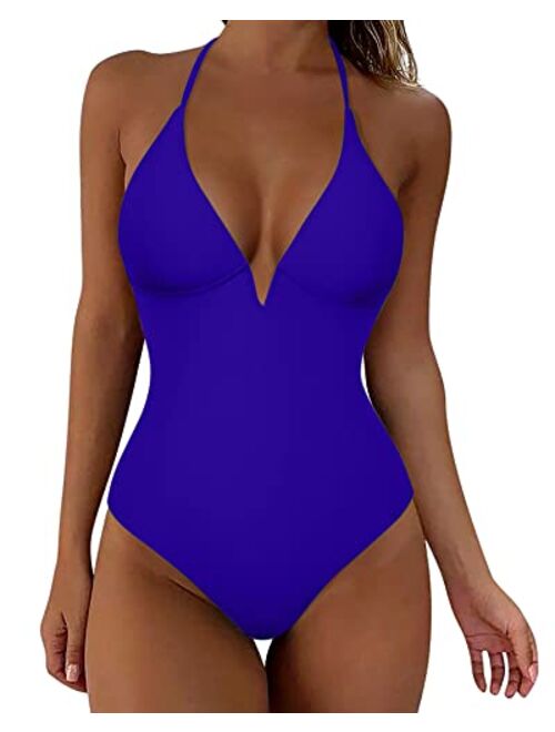 SUUKSESS Women Sexy Push Up One Piece Swimsuit V Wire Lace Up Bathing Suit