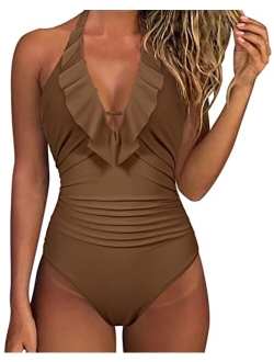 Women Sexy Halter One Piece Swimsuits Ruffle Tummy Control Bathing Suit