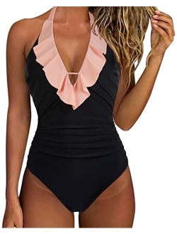 Women Sexy Halter One Piece Swimsuits Ruffle Tummy Control Bathing Suit