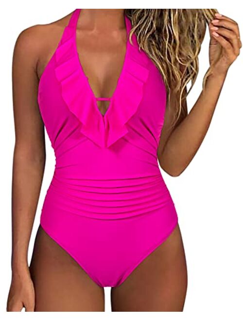 SUUKSESS Women Sexy Halter One Piece Swimsuits Ruffle Tummy Control Bathing Suit