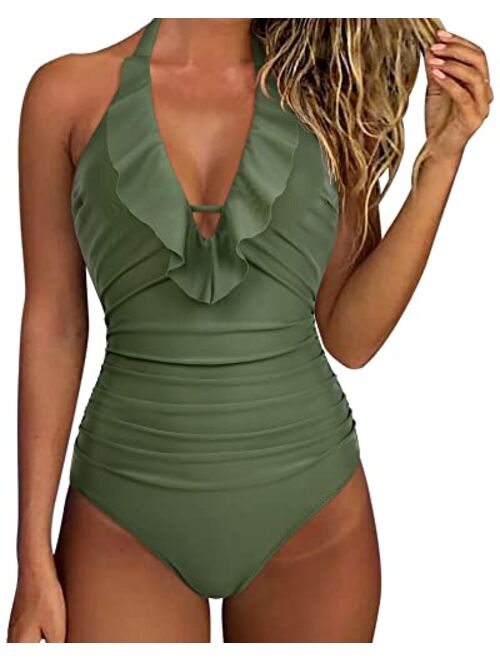 SUUKSESS Women Sexy Halter One Piece Swimsuits Ruffle Tummy Control Bathing Suit