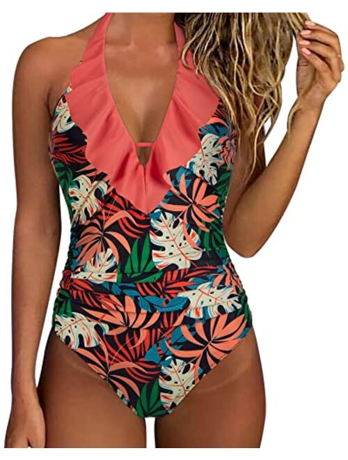 SUUKSESS Women Sexy Halter One Piece Swimsuits Ruffle Tummy Control Bathing Suit