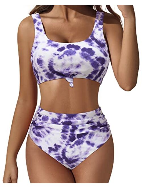 SUUKSESS Women Cute Knot Tankini Set Ruched High Waist 2 Piece Swimsuits