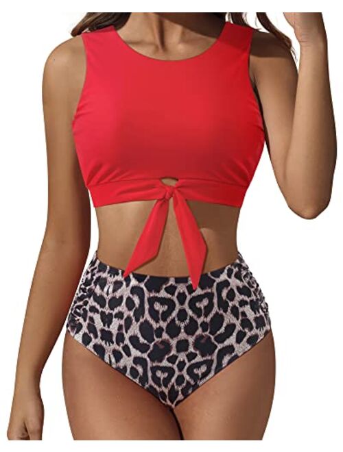 SUUKSESS Women Cute Knot Tankini Set Ruched High Waist 2 Piece Swimsuits