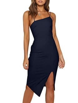 Women's Spaghetti Strap Cocktail Formal Midi Dress Sleeveless Split Hem Bodycon Wedding Guest Dress