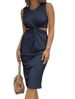 Women's Summer Crew Neck Sleeveless Cutout Twist Knee Length Bodycon Midi Dress