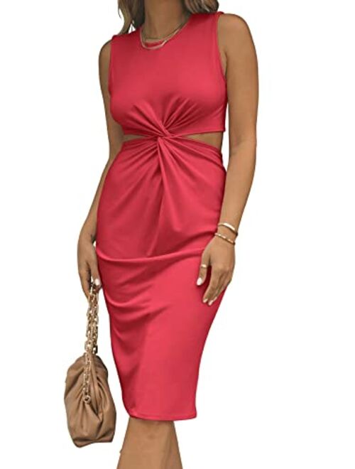 ANRABESS Women's Summer Crew Neck Sleeveless Cutout Twist Knee Length Bodycon Midi Dress