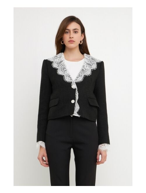 ENDLESS ROSE Women's Short Tweed Laced Collar Blazer