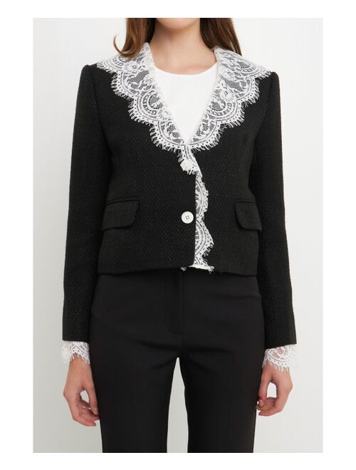 ENDLESS ROSE Women's Short Tweed Laced Collar Blazer