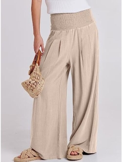 Women Linen Palazzo Pants Summer Boho Wide Leg High Waist Casual Lounge Pant Trousers with Pocket