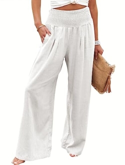 Women Linen Palazzo Pants Summer Boho Wide Leg High Waist Casual Lounge Pant Trousers with Pocket